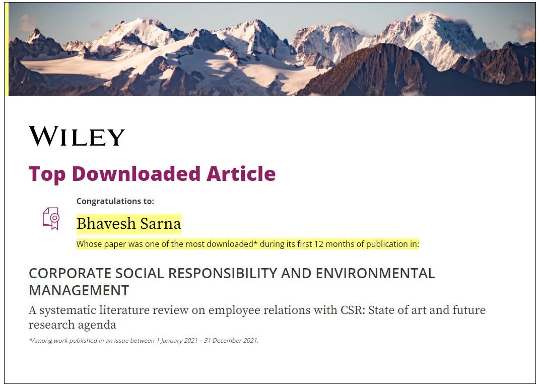 Wiley Top Downloaded Article certificate for the systematic literature review on employee relations with CSR